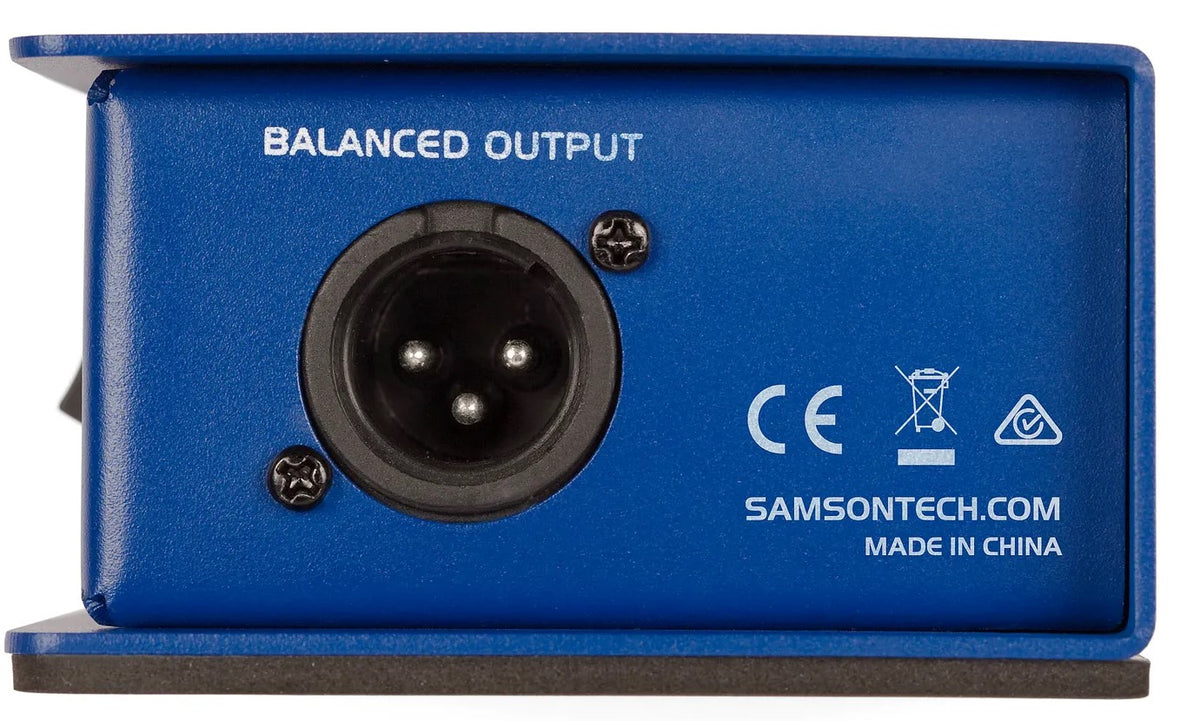 Samson MDA1 DI box with input and output jacks, compact audio interface for professional sound applications.