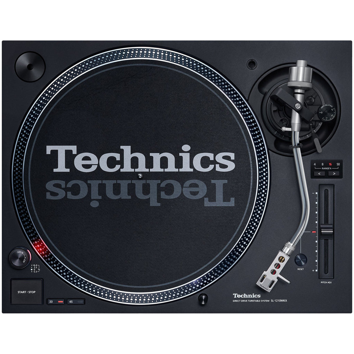 Technics SL-1210MKX, top view with slipmat and silver tonearm