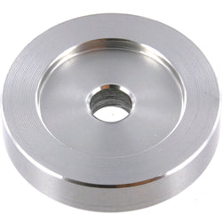 Tonar aluminum 45 RPM record adapter for turntables, stabilizer and 45 RPM record weight in a sleek metallic finish.