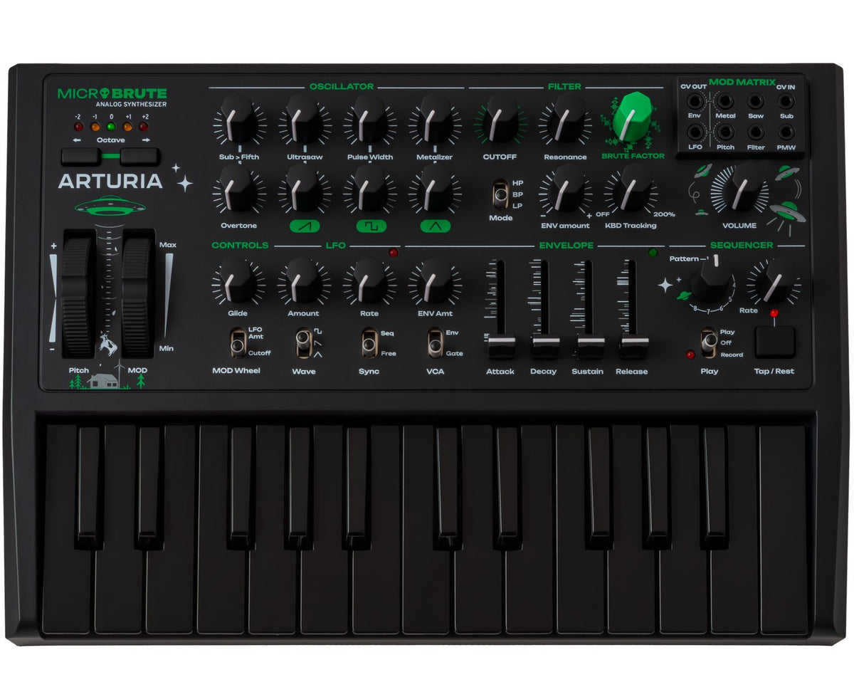 Arturia MicroBrute UFO keyboard synthesizer top view showing knobs, keyboard keys, and control panel.