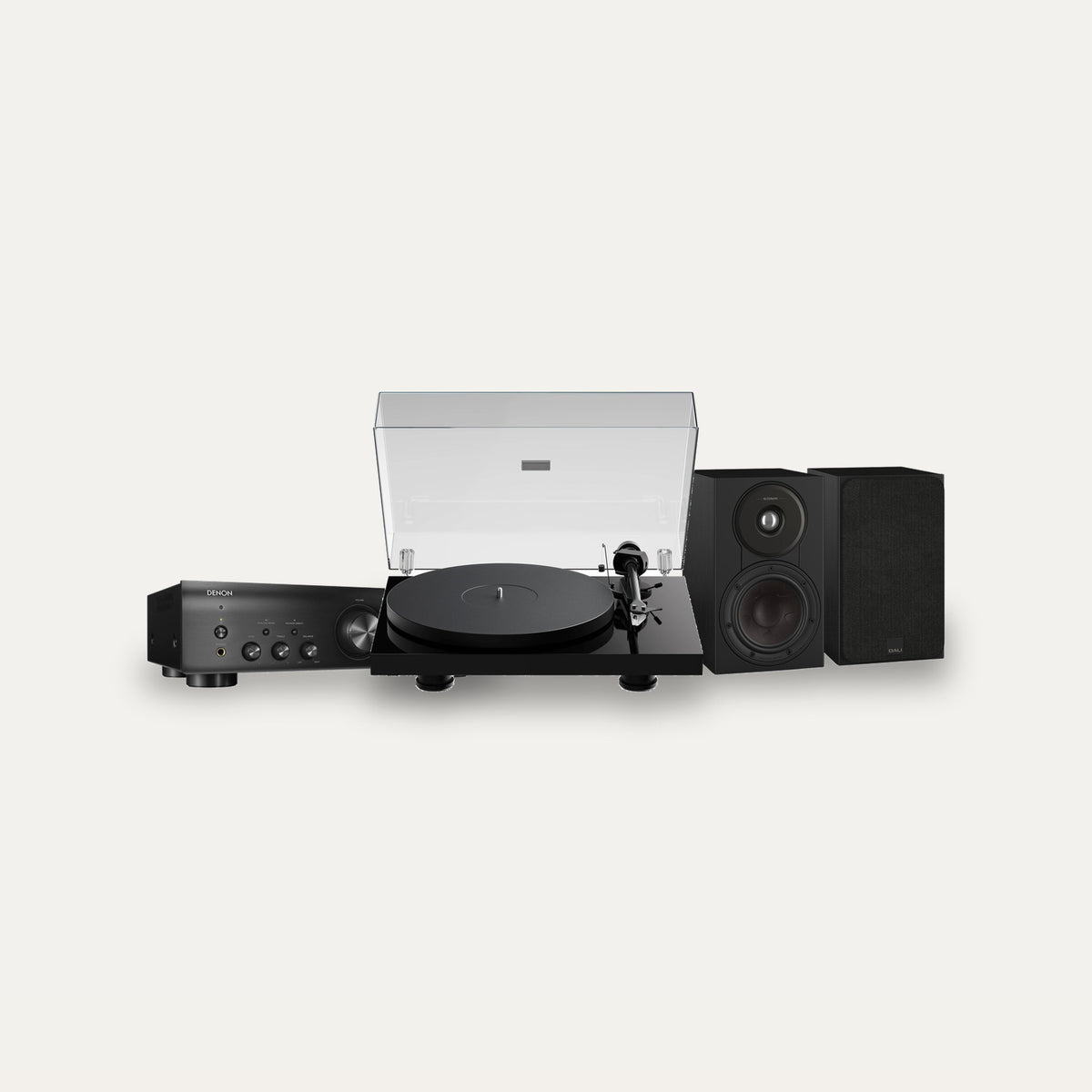 Pro-Ject Debut EVO 2 + Denon PMA-600NE + Dali Sonik 1 Vinyl Hi-Fi System – Turntable Finish Satin Black, Speaker Finish Black Ash